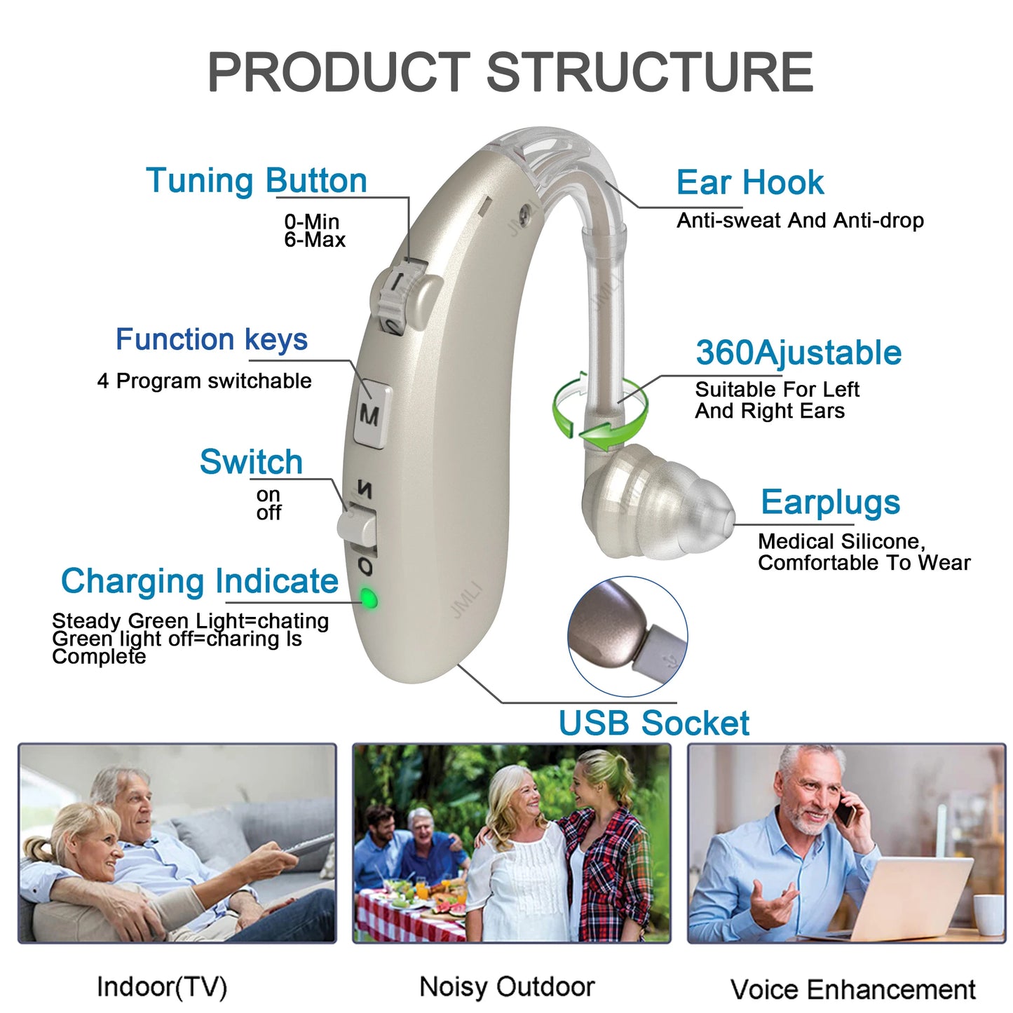 Rechargeable Digital Hearing Aid Adjustable Tone 2024 Best Sound Amplifier Portable Deaf Elderly BTE Hearing Aids